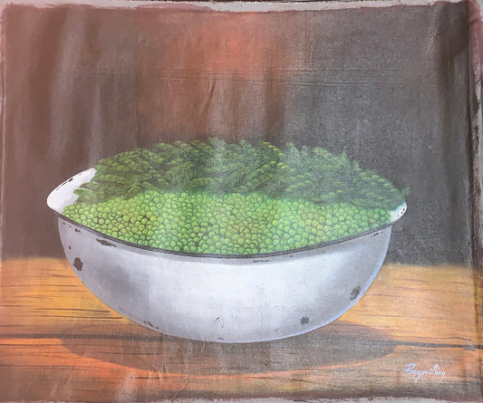 Still life of green beans in a rustic kitchen bowl setting Painting