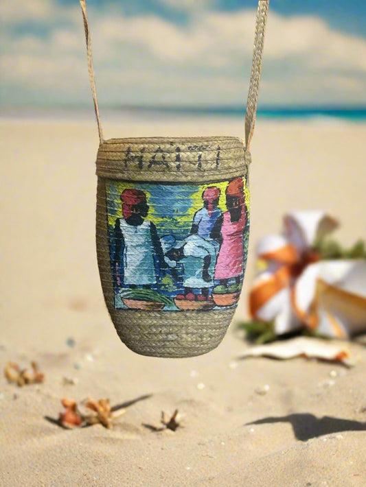 Handcrafted cylindrical Straw Crossbody Bag