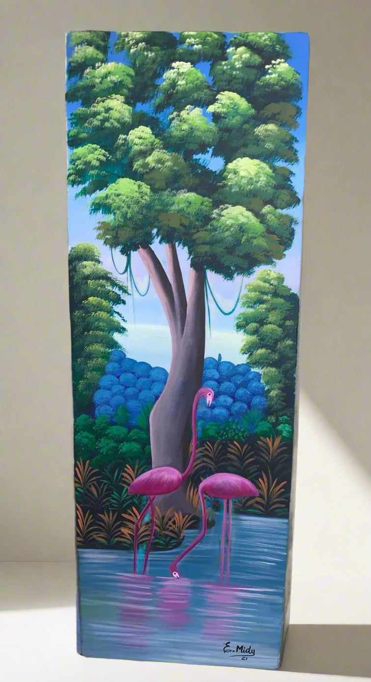 Hand made painting of a vibrant tropical scene with two pink flamingos