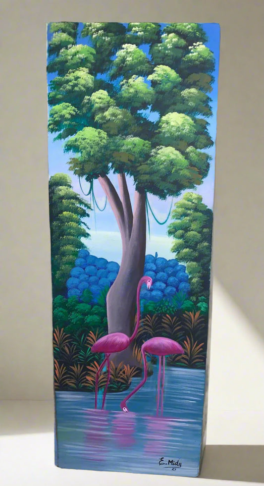 Hand made painting of a vibrant tropical scene with two pink flamingos