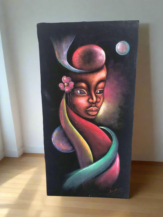 Hand made painting of human face with elongated features