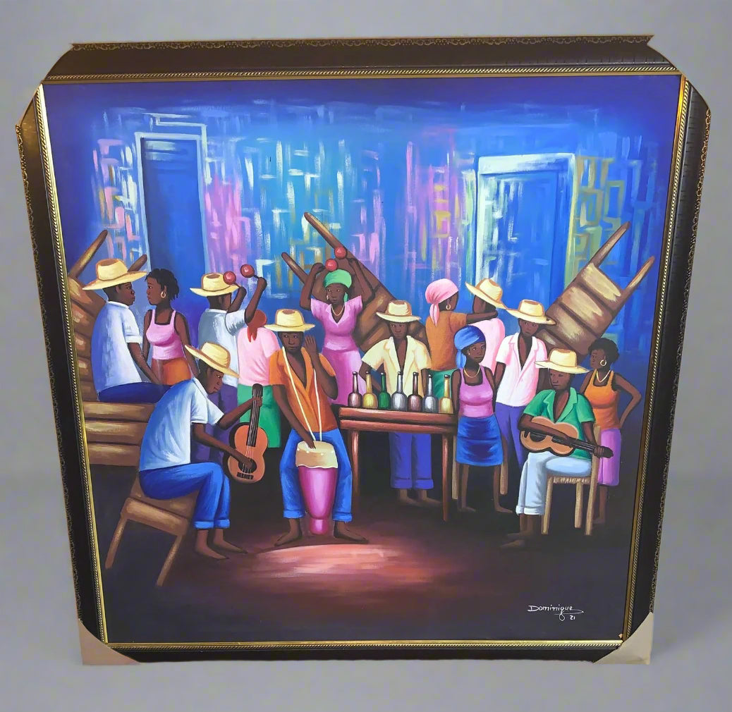 Hand made painting of Haitian folk art, depicting a lively indoor gathering