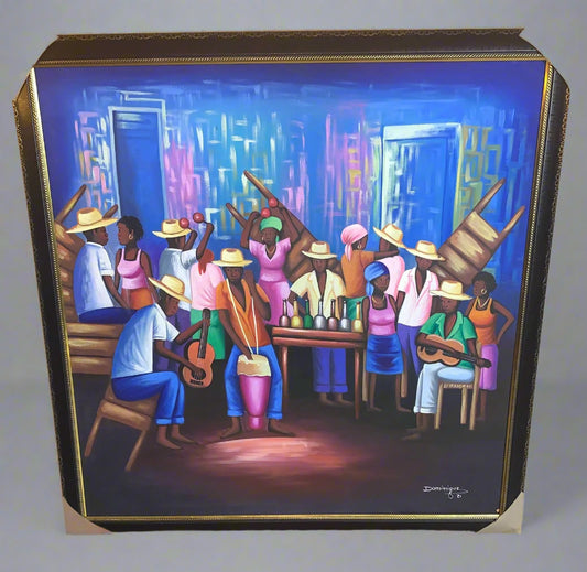 Hand made painting of Haitian folk art, depicting a lively indoor gathering