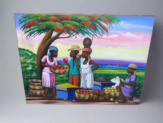 Painting of a vibrant and colorful outdoor market scene