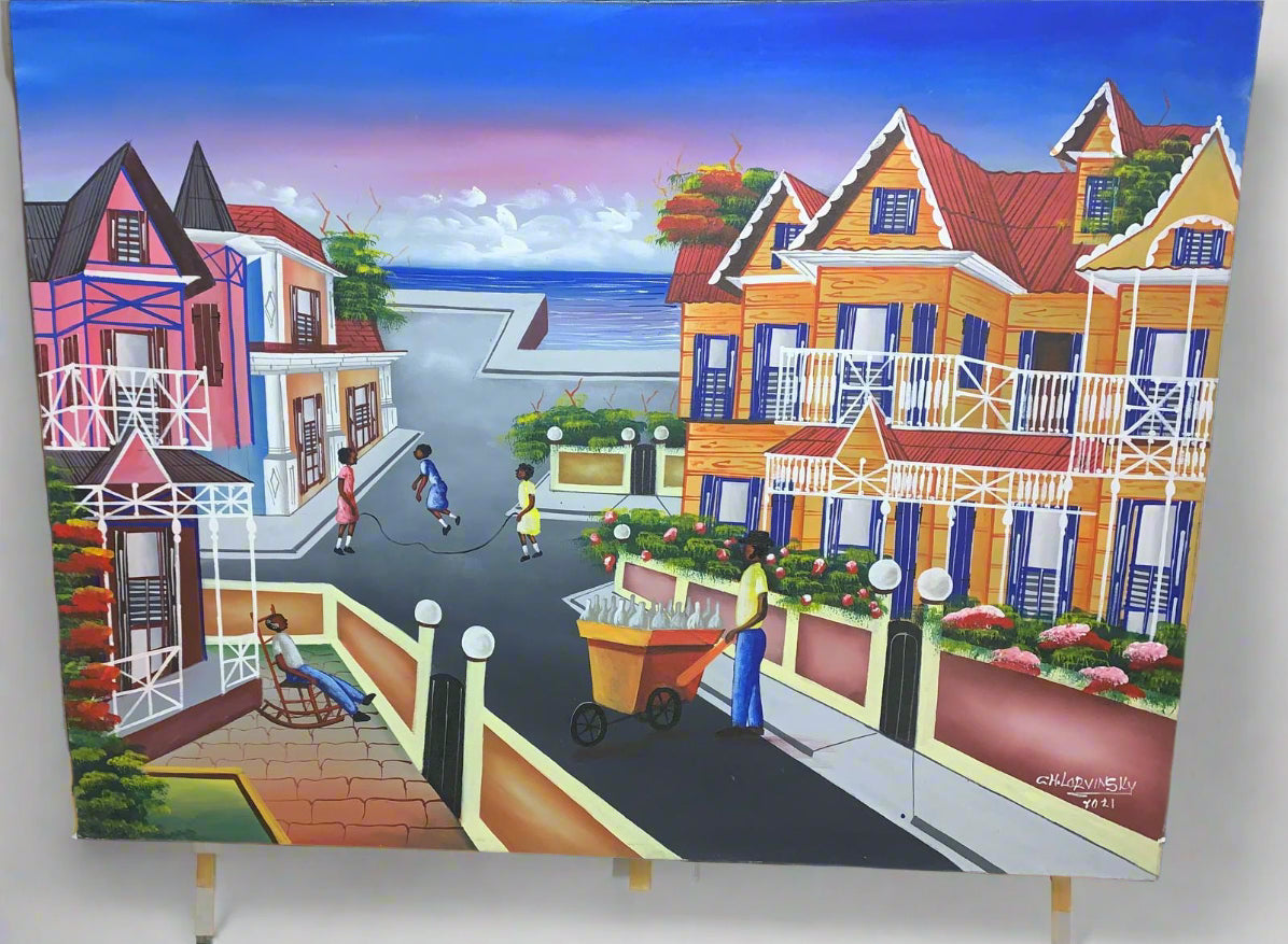 Hand made painting of a colorful and lively street scene
