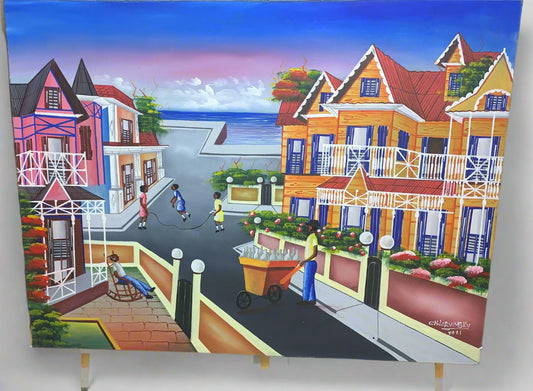 Hand made painting of a colorful and lively street scene