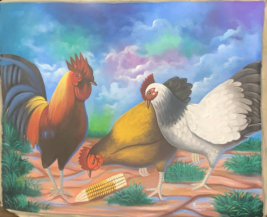 Hand made painting of bright and lively depiction of three chickens