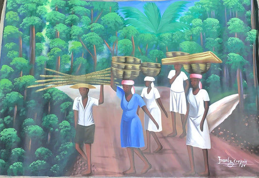 Hand made painting of a beautiful rural village scene filled with life, tradition, and a community