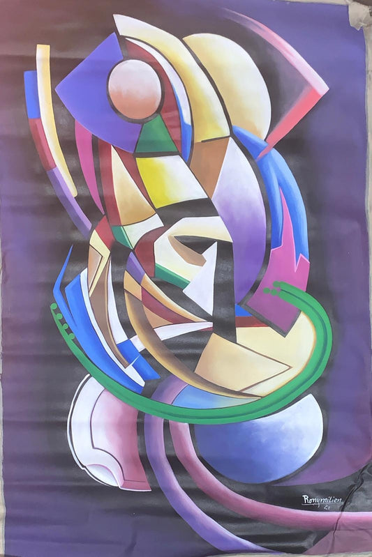Abstract Hand made painting filled with dynamic, colorful geometric shapes.