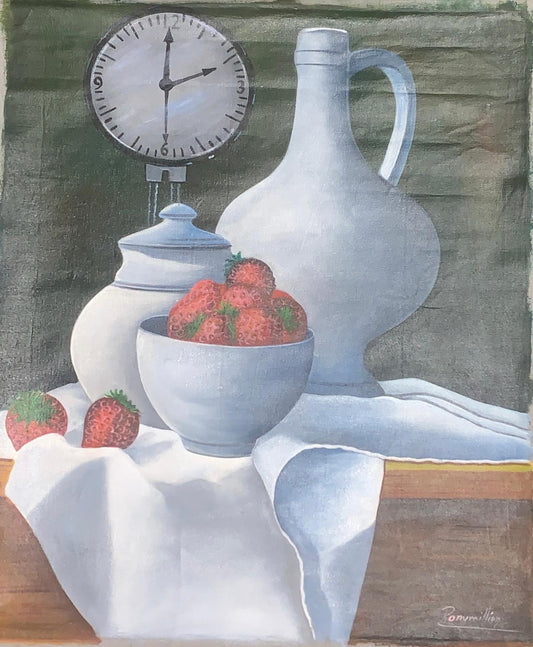 Hand made still life painting of a beautiful balance of fruit and household objects